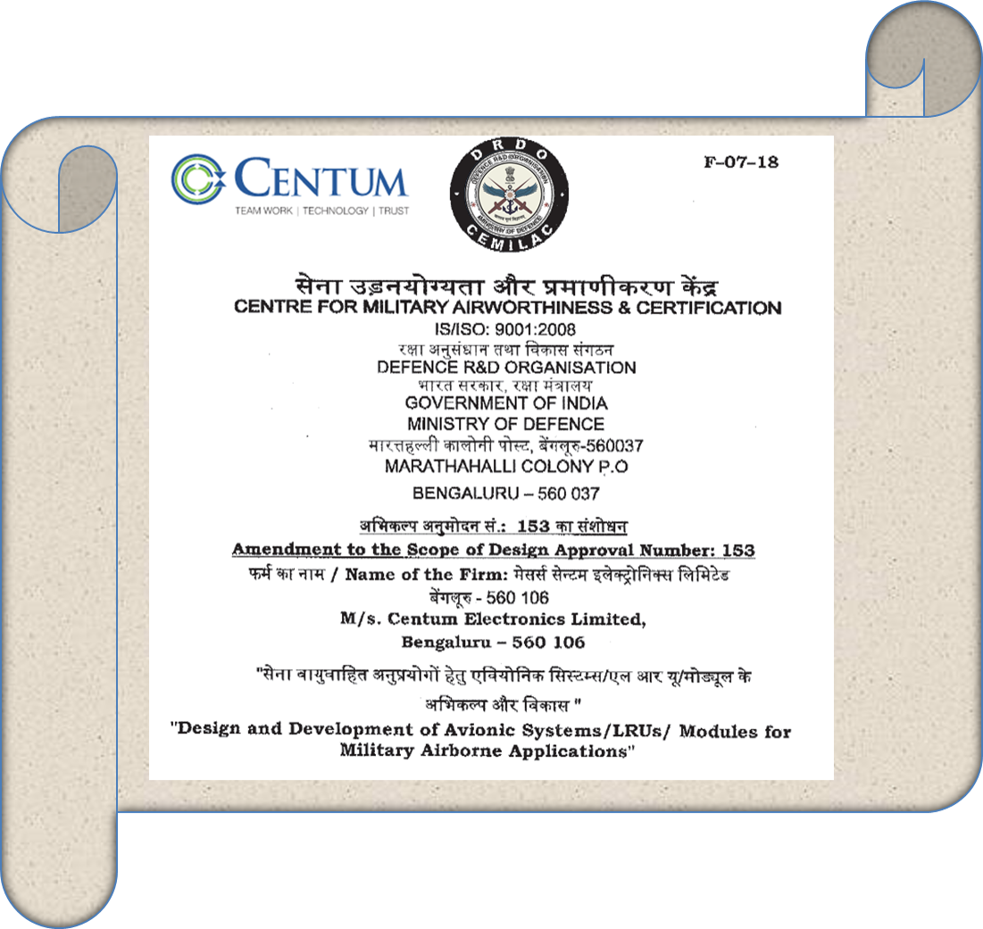 Centum Electronics awarded by Centre for Military Airworthiness and Certification (CEMILAC)